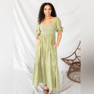 Elegant Green Smocked Dress